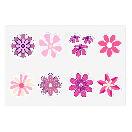 Cute Retro Pink Assorted Flower Stickers - Die Cut Sticker Sheet