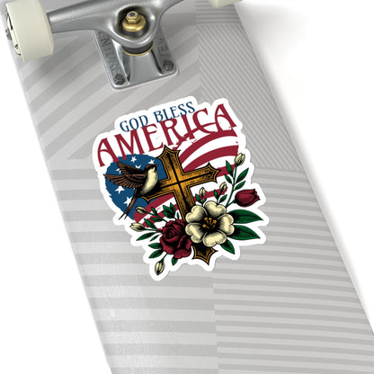 God Bless America Sticker | USA Sticker | America | Heart With Cross Sticker | Red White Blue