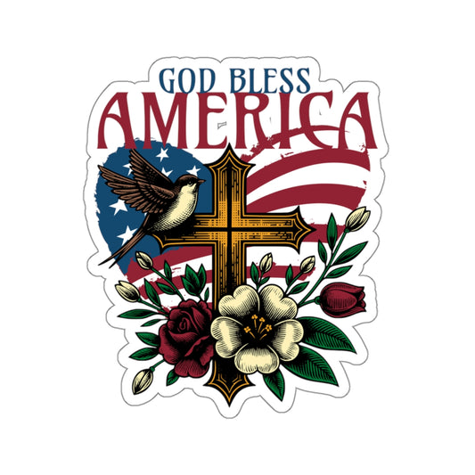 God Bless America Sticker | USA Sticker | America | Heart With Cross Sticker | Red White Blue