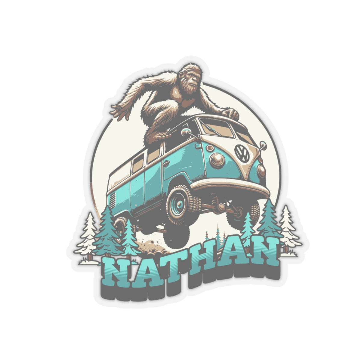 Custom Bigfoot Sticker, Custom Sticker, Bigfoot With Retro VW Van, Stickers, Bigfoot Sticker, Vintage Sticker, Vintage Custom Sticker