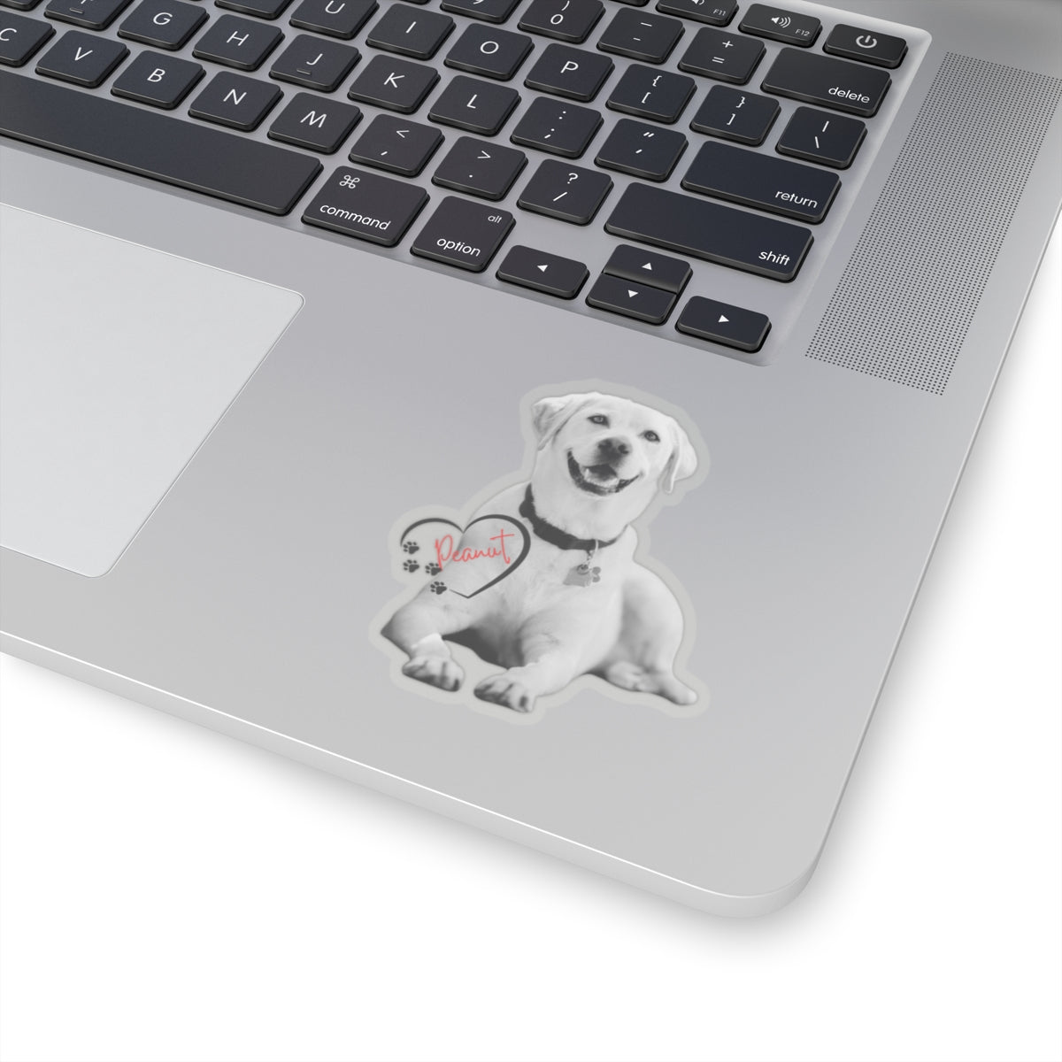 Custom Pet Sticker With Picture of Your Pet | Turn Your Color Pet Picture Into Black And White Sticker | Pet Name In Red | Name Is Inside Of A Heart | Pet Lover Sticker | Kiss-Cut Sticker