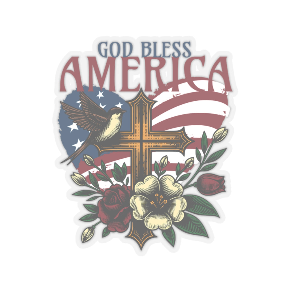 God Bless America Sticker | USA Sticker | America | Heart With Cross Sticker | Red White Blue